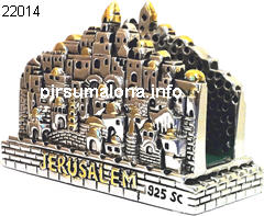 מעמד לכרטיסי ביקור עם תחריטי חומות ובתי ירושלים, יציקת מתכת מצופה בכסף טהור סטרלינג 925 וזהב + מילה Jerusalem