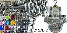 קמע חמסה עם התבליטים האומנותיים יודאיקה, תמונות ירושלים העתיקה, אבני חושן, מצופה בכסף סטרלינג טהור אמיתי 925 וזהב